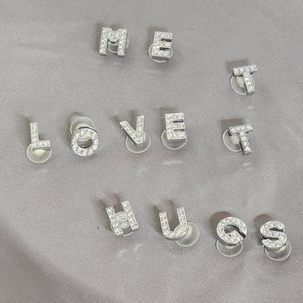 12pc Crystal Rhinestone Bling on Silver Tone Random Capital Letter Croc Charms
